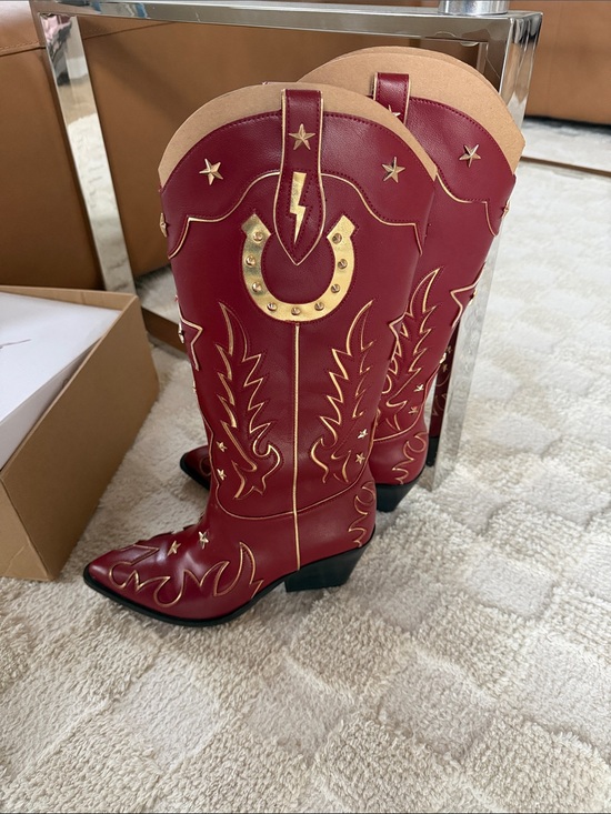 Jessica Simpson Shoes - Jessica Simpson Red Western Heeled Cowboy Boots with Gold Accents